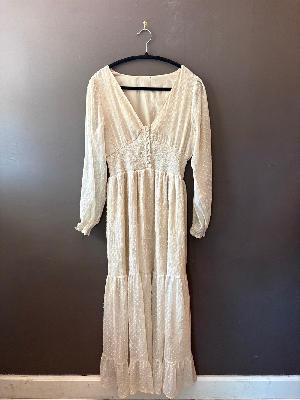 Elegant Ivory Maxi Dress with Smocked Waist and Button Front